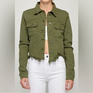 Hidden Jeans Cropped Frayed Hem Olive Green Jacket